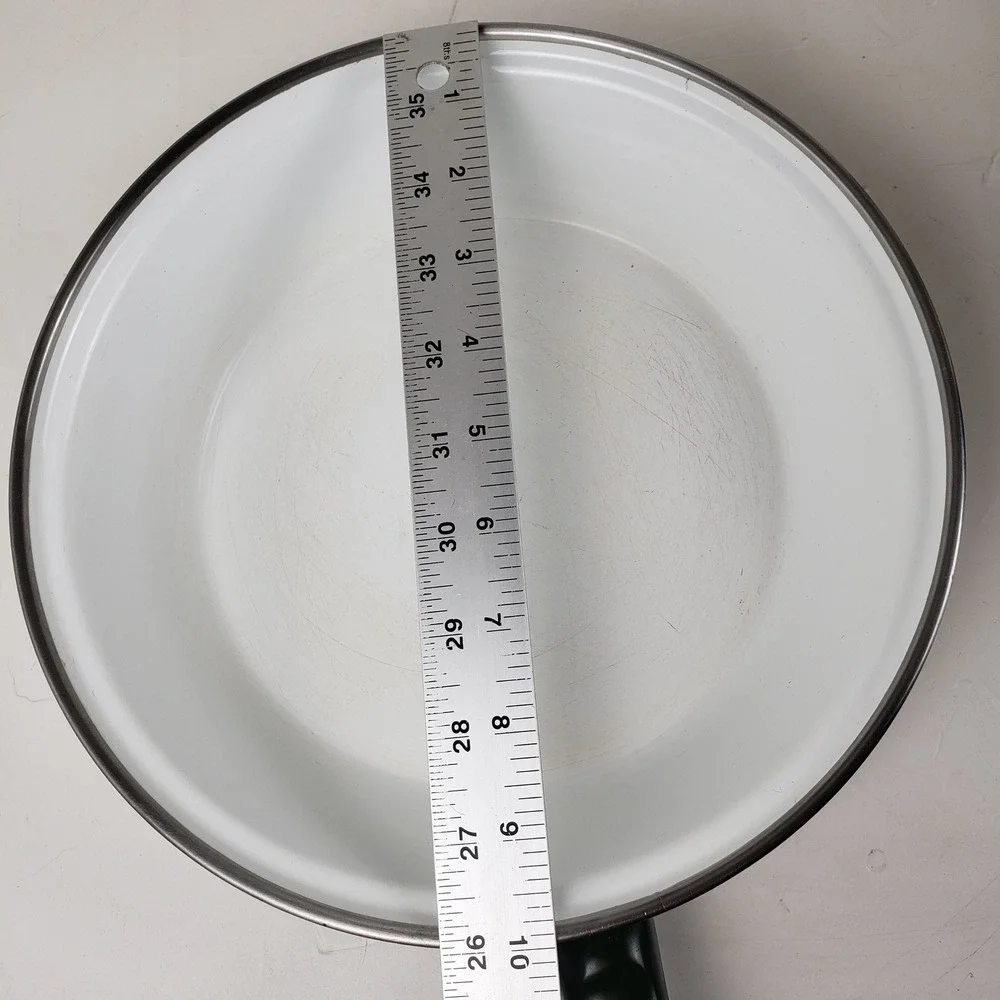 Vintage Enamelware Frying Pan White Green Floral Retro 10 Inch Skillet